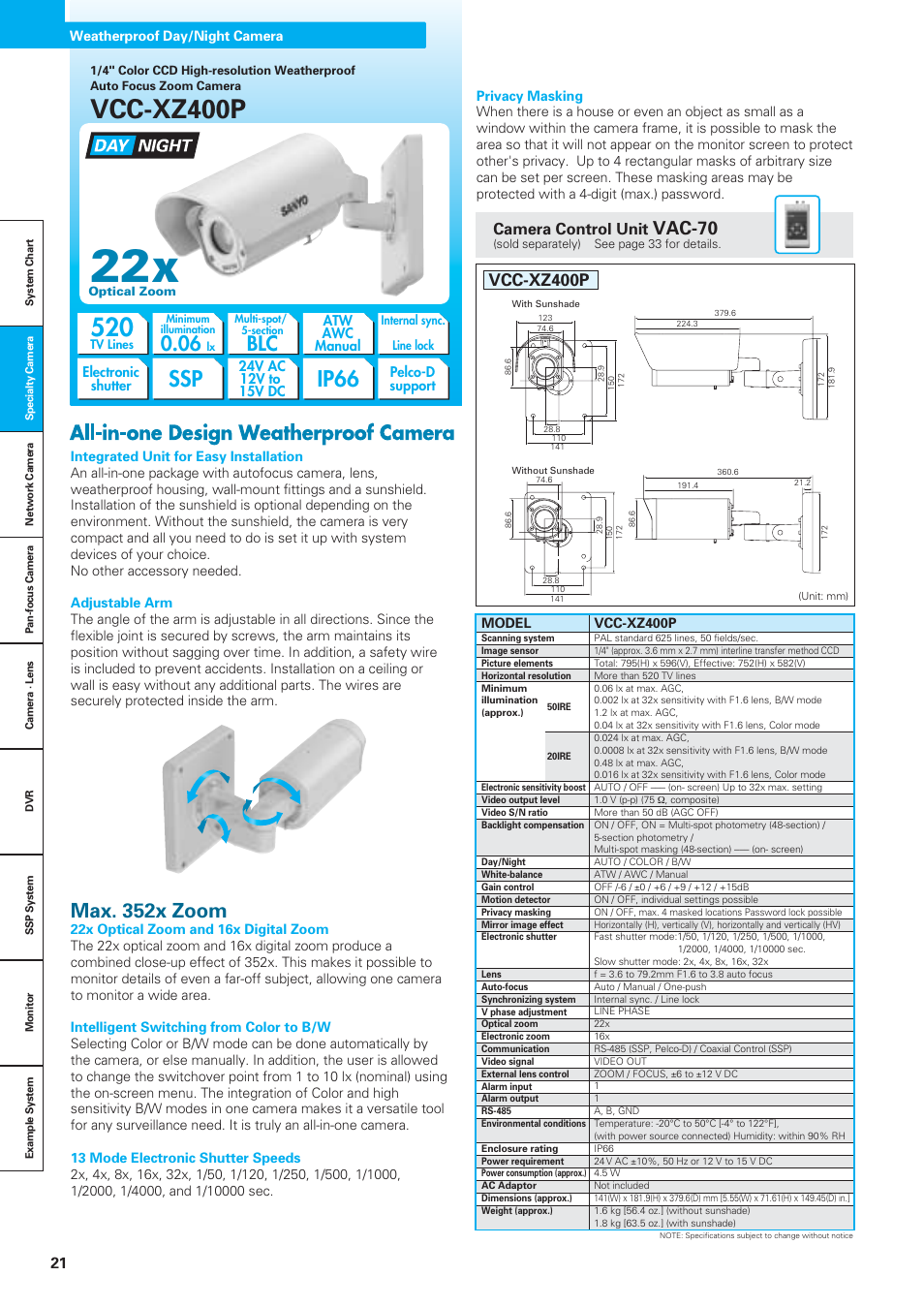 Vcc-xz400p, Ip66, Max. 352x zoom | Vac-70, Camera control unit | Sanyo VDC-DPN9585P User Manual | Page 22 / 70