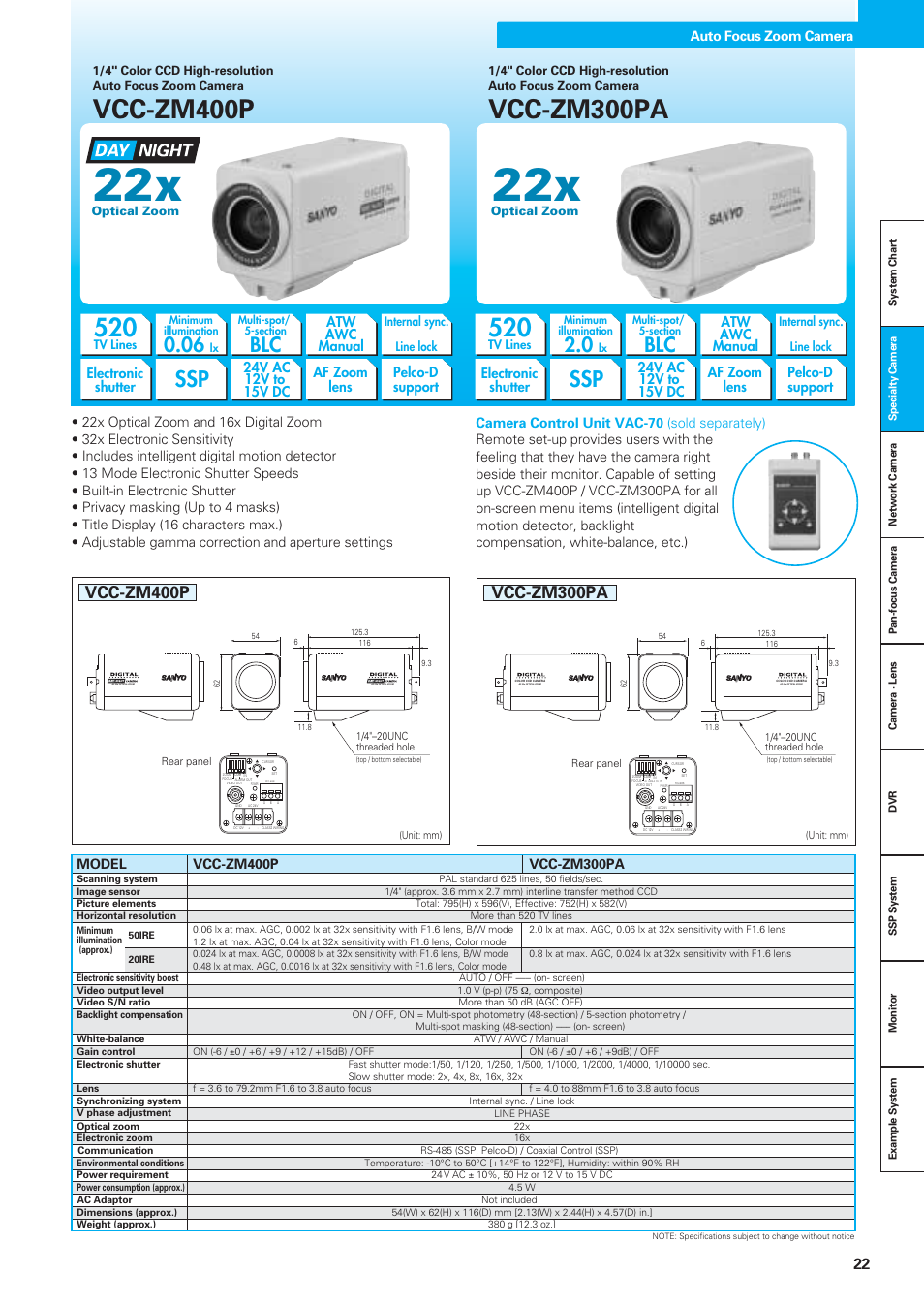 Vcc-zm400p, Vcc-zm300pa, Atw awc manual pelco-d support | Af zoom lens electronic shutter, Auto focus zoom camera | Sanyo VDC-DPN9585P User Manual | Page 23 / 70