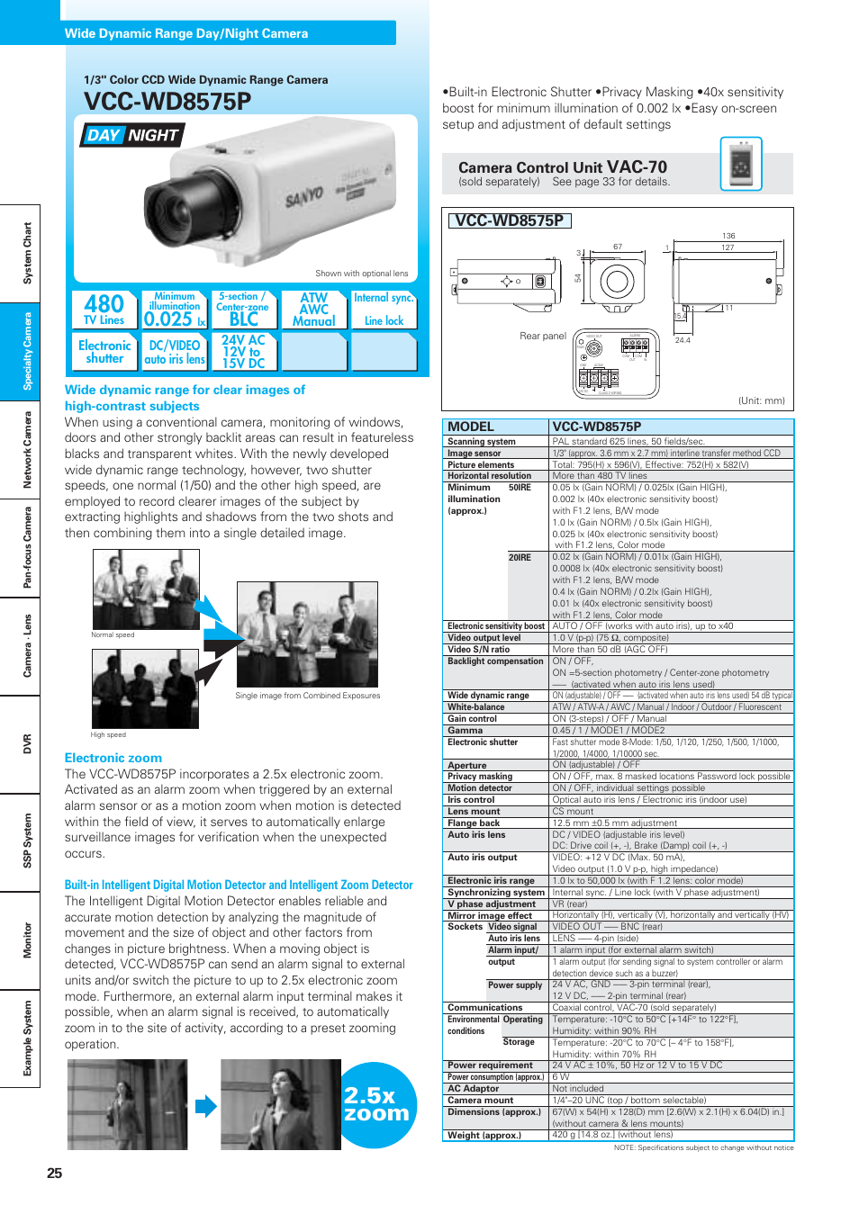 Vcc-wd8575p, 5x zoom, Vac-70 | Camera control unit | Sanyo VDC-DPN9585P User Manual | Page 26 / 70