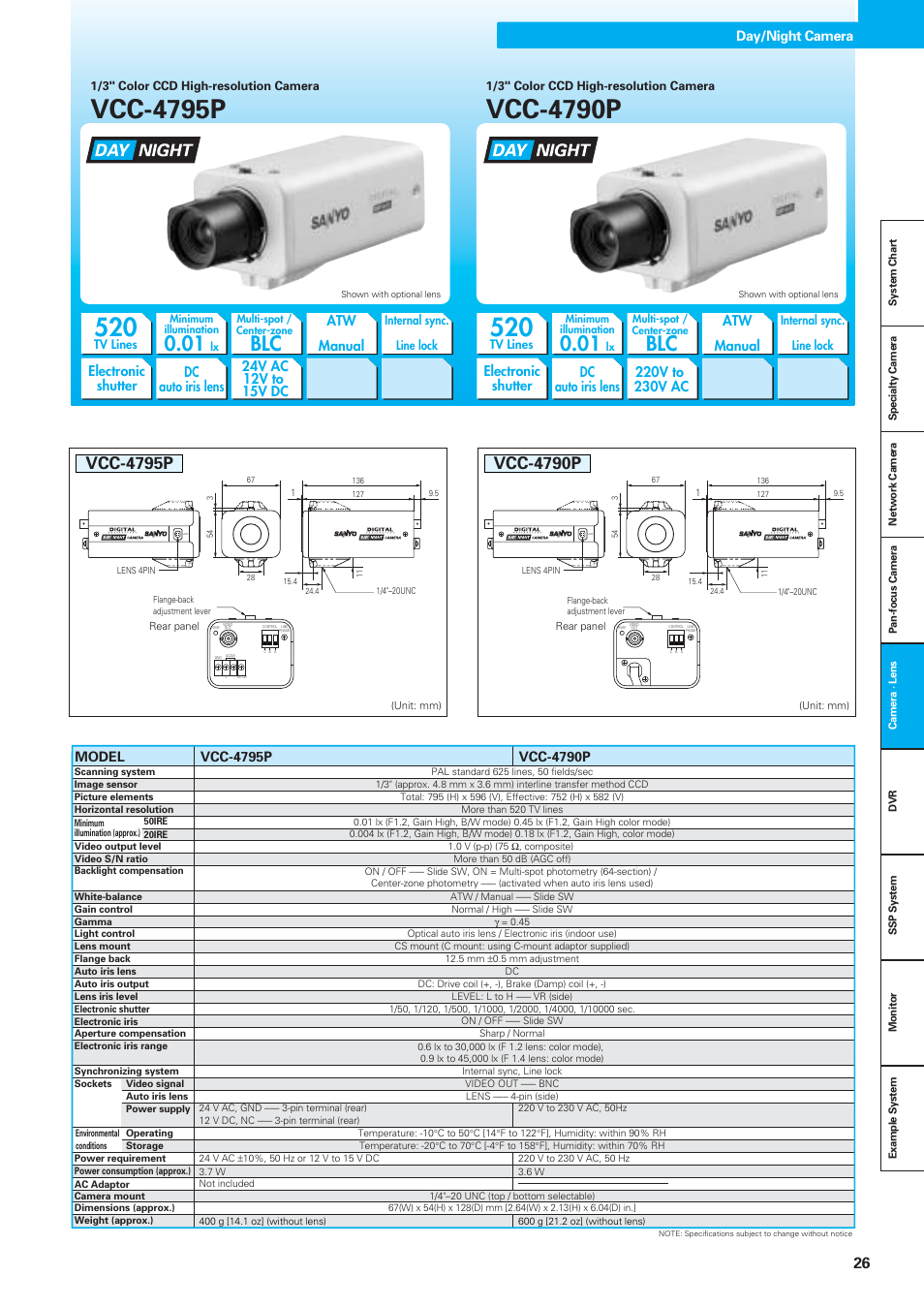 Vcc-4795p, Vcc-4790p, Atw manual | Electronic shutter dc auto iris lens, Dc auto iris lens electronic shutter, Day/night camera | Sanyo VDC-DPN9585P User Manual | Page 27 / 70