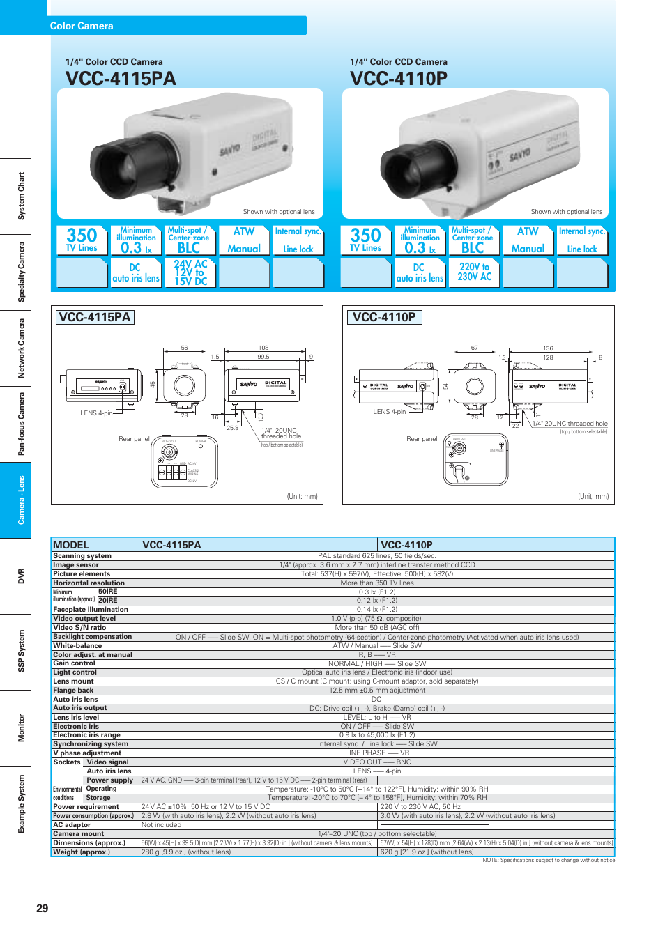 Vcc-4115pa, Vcc-4110p, Atw manual | Dc auto iris lens dc auto iris lens, Color camera | Sanyo VDC-DPN9585P User Manual | Page 30 / 70