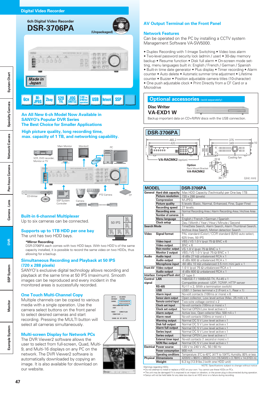 Dsr-3706pa, Optional accessories, Va-exd1 w | Usb ssp 520, Model, Disc writer, Made in japan, M- jpeg, Network, Digital video recorder | Sanyo VDC-DPN9585P User Manual | Page 48 / 70