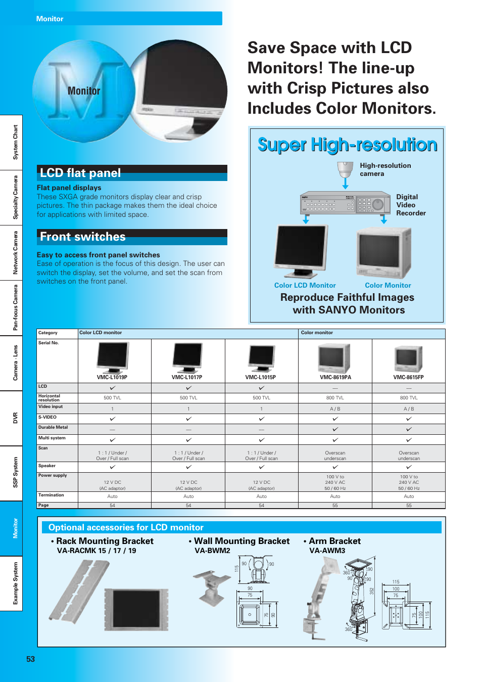 Lcd flat panel front switches, Reproduce faithful images with sanyo monitors, Monitor | Wall mounting bracket, Arm bracket, Va-bwm2 | Sanyo VDC-DPN9585P User Manual | Page 54 / 70