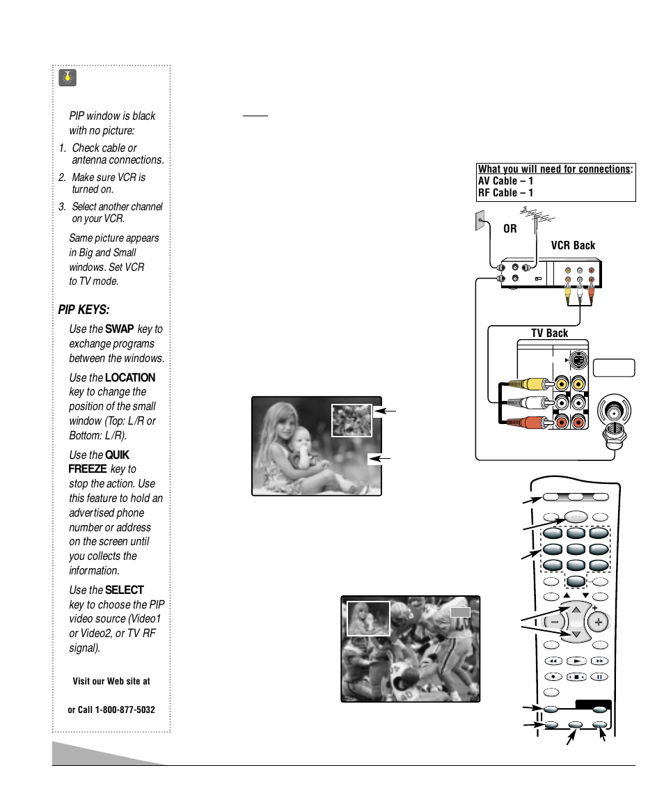 Picture-in-picture (pip) operation, Quicktips, Basic pip operation | Pip keys, Basic pip connection, Switch tv and vcr on, Select channel for big window, Press the vcr key, Select channel on vcr for pip (small) window, Press the swap key to view pip image in big window | Sanyo DS27830 User Manual | Page 14 / 64