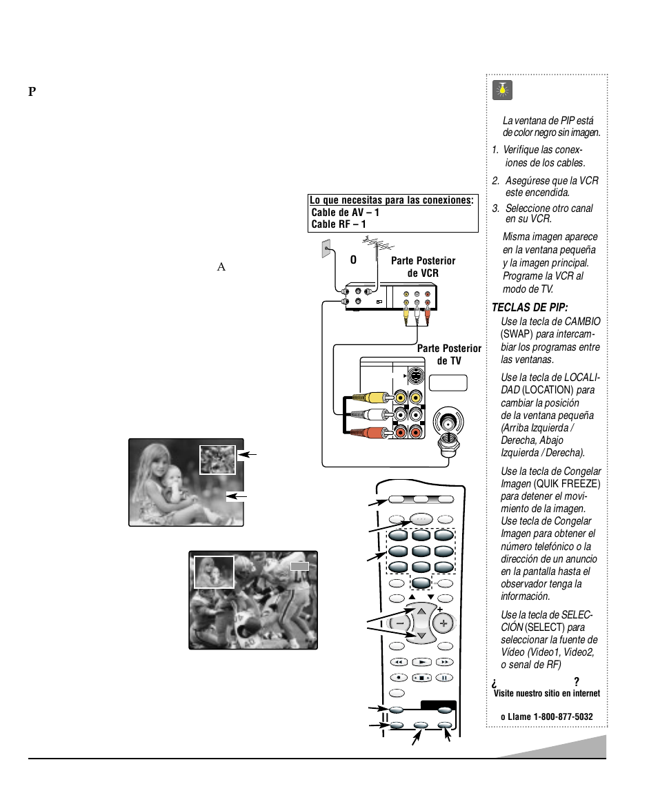 Operación de la función (imagen sobre imagen) pip, Consejos rápidos, Operación basica de pip | Conexiones basica de pip, Conecte la señal primero.), Encienda la televisión y encienda la vcr, Presione la tecla de vcr, Teclas de pip, Necesita ayuda | Sanyo DS27830 User Manual | Page 35 / 64