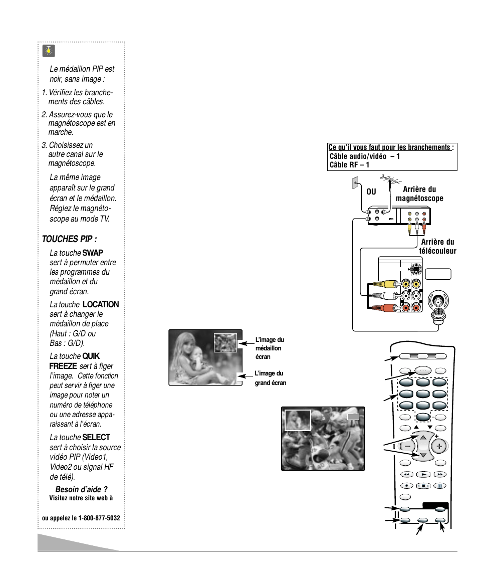 Utilisation de l’écran-médaillon (pip), Conseils, Utilisation élémentaire de l’écran-médaillon | Touches pip, Branchement élémentaire de l’écran-médaillon, Branchez d’abord le signal), Mettez le magnétoscope et le télécouleur en marche, Choisissez le canal de l’image du grand écran, Appuyez sur la touche vcr, Choisissez le canal de l’image du médaillon écran | Sanyo DS27830 User Manual | Page 58 / 64