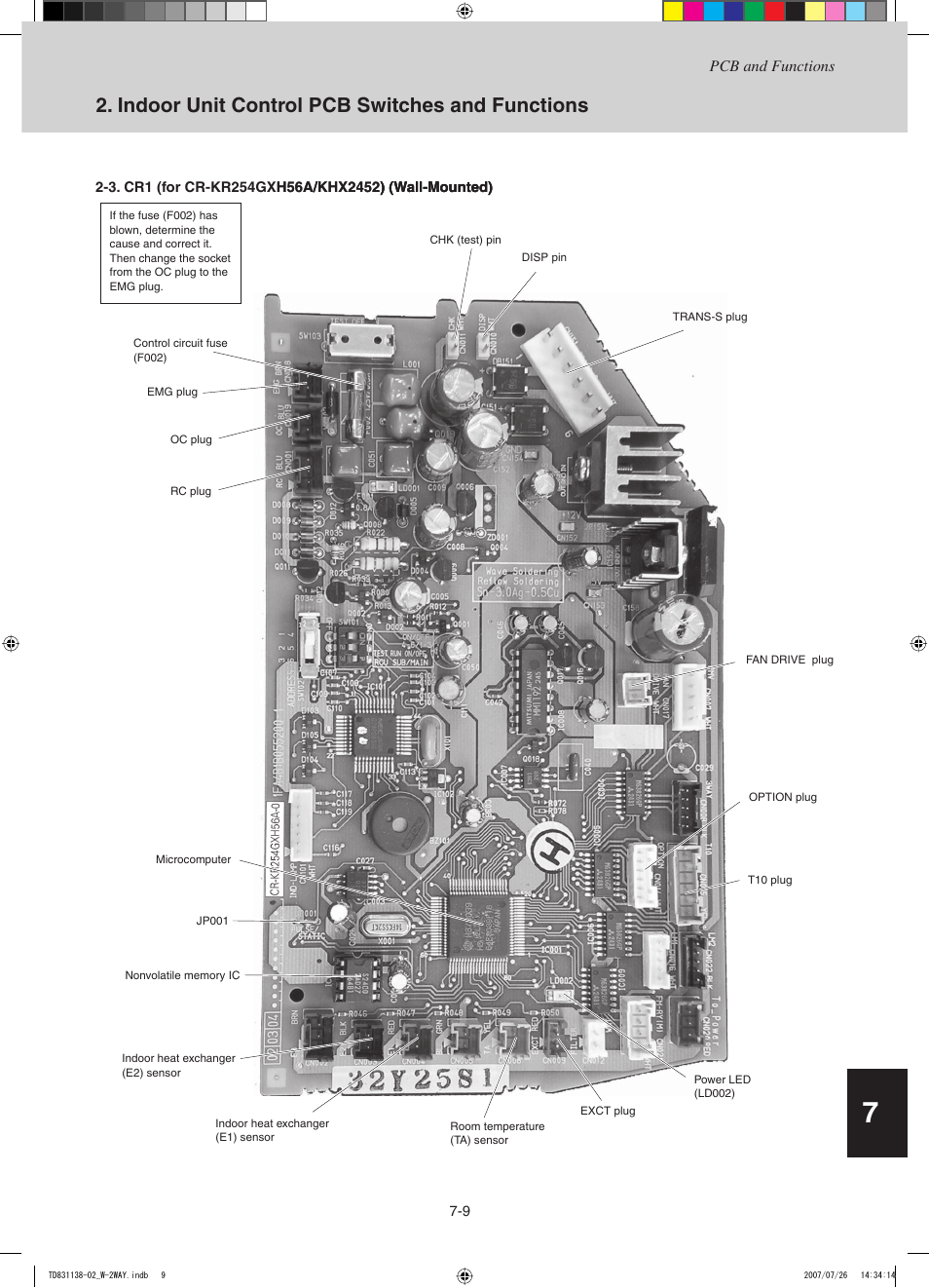 Td831138-02_kk, Indoor unit control pcb switches and functions 2/2, Indoor unit control pcb switches and functions | Sanyo DHX4852 User Manual | Page 239 / 243