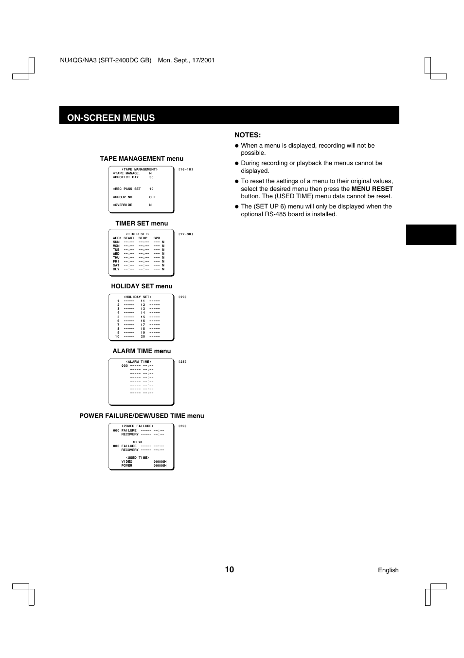 On-screen menus, Tape management menu, Timer set menu | Holiday set menu, Alarm time menu, Power failure/dew/used time menu, English | Sanyo SRT-2400DC User Manual | Page 11 / 50