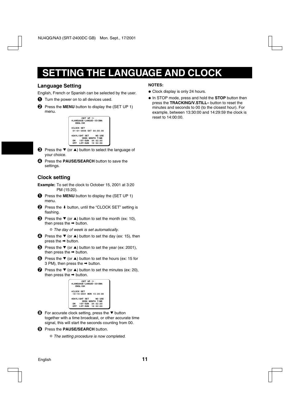 Setting the language and clock | Sanyo SRT-2400DC User Manual | Page 12 / 50