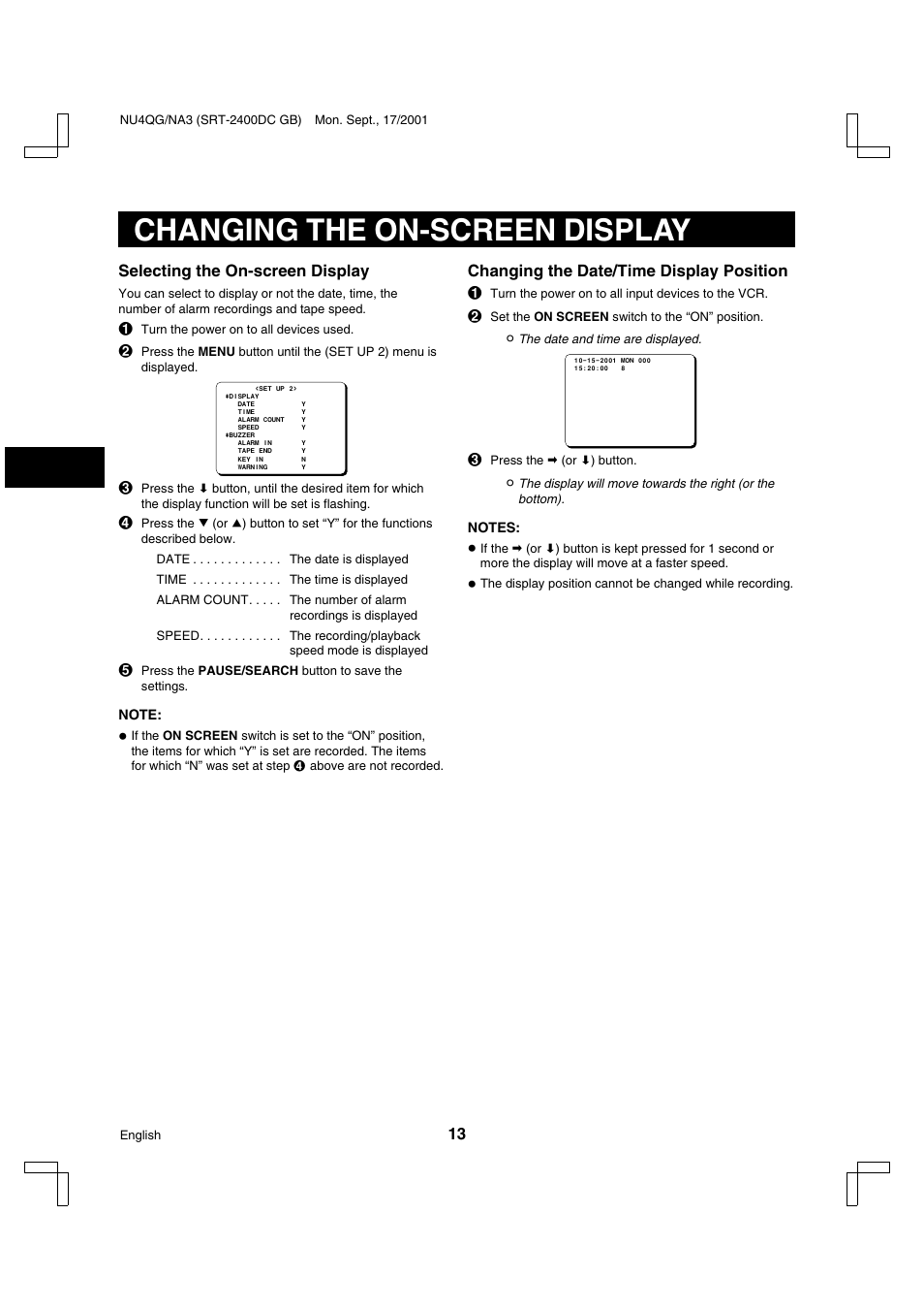 Changing the on-screen display | Sanyo SRT-2400DC User Manual | Page 14 / 50