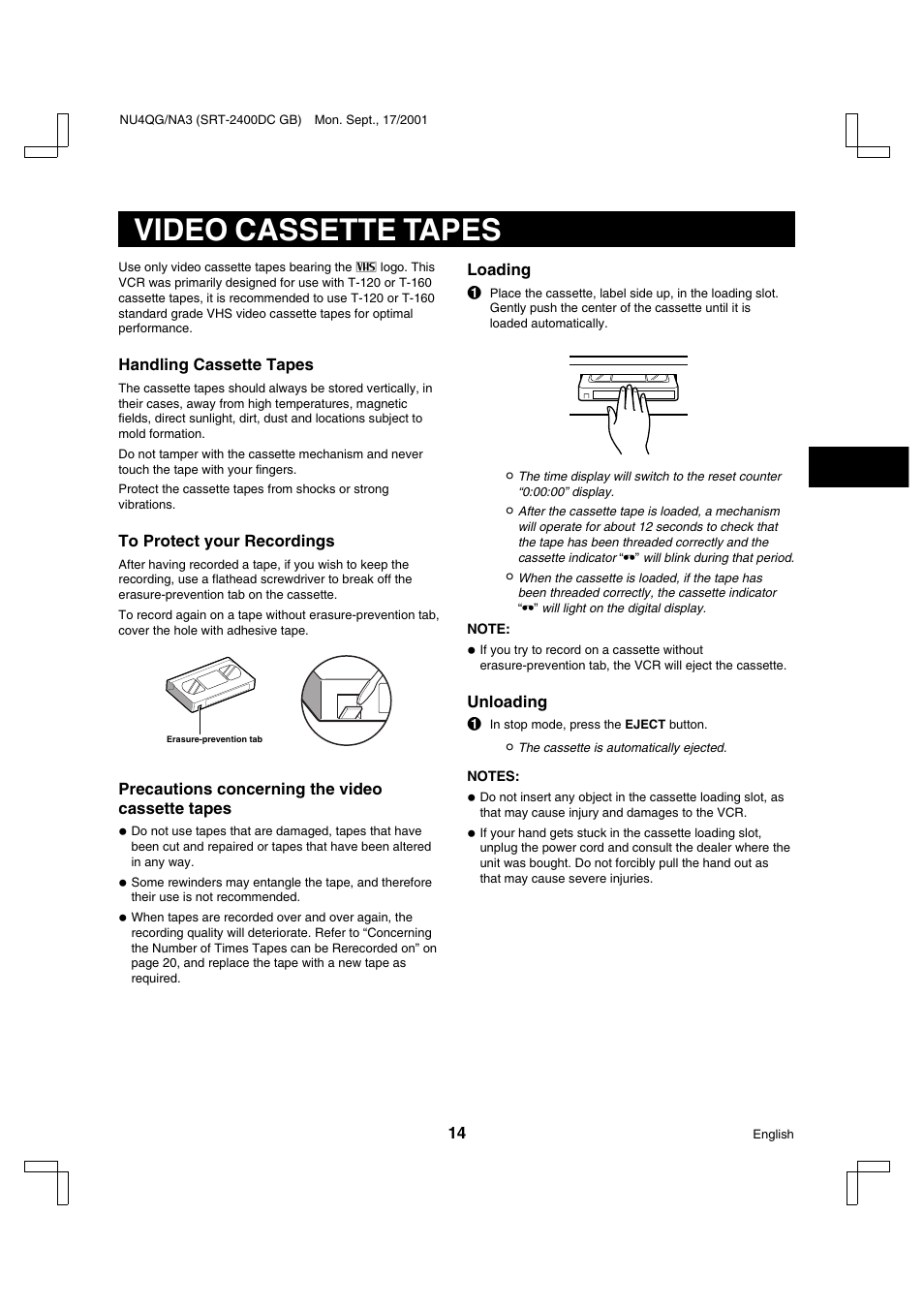 Video cassette tapes | Sanyo SRT-2400DC User Manual | Page 15 / 50