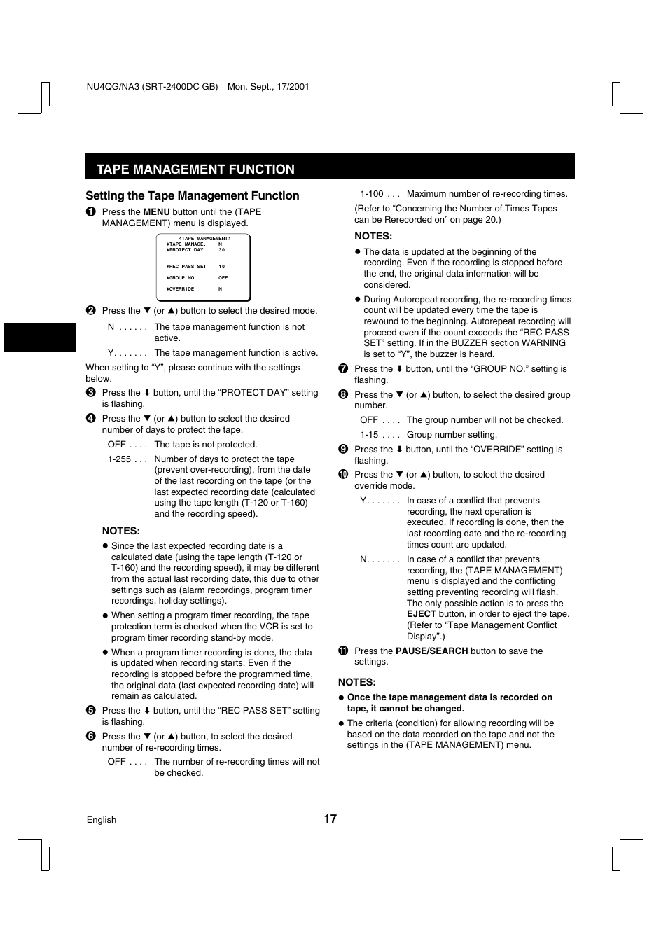 Tape management function | Sanyo SRT-2400DC User Manual | Page 18 / 50