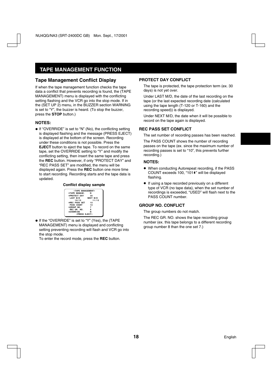 Tape management function, Tape management conflict display | Sanyo SRT-2400DC User Manual | Page 19 / 50