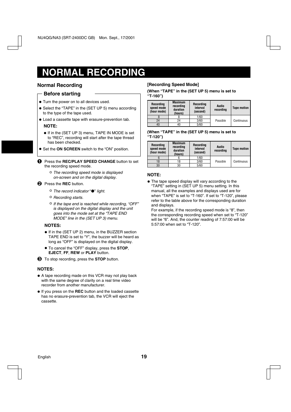 Normal recording | Sanyo SRT-2400DC User Manual | Page 20 / 50