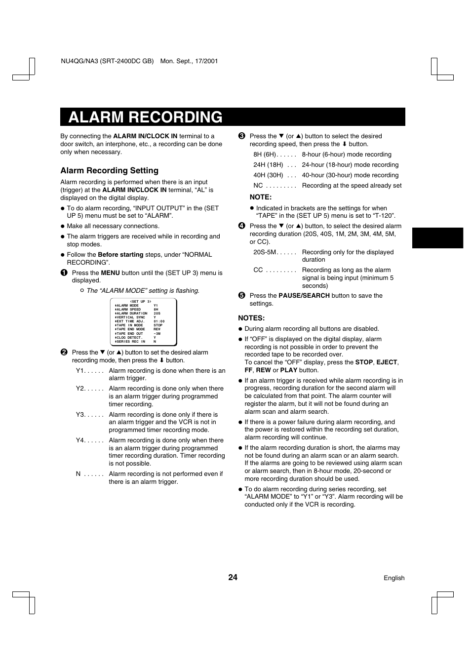 Alarm recording | Sanyo SRT-2400DC User Manual | Page 25 / 50