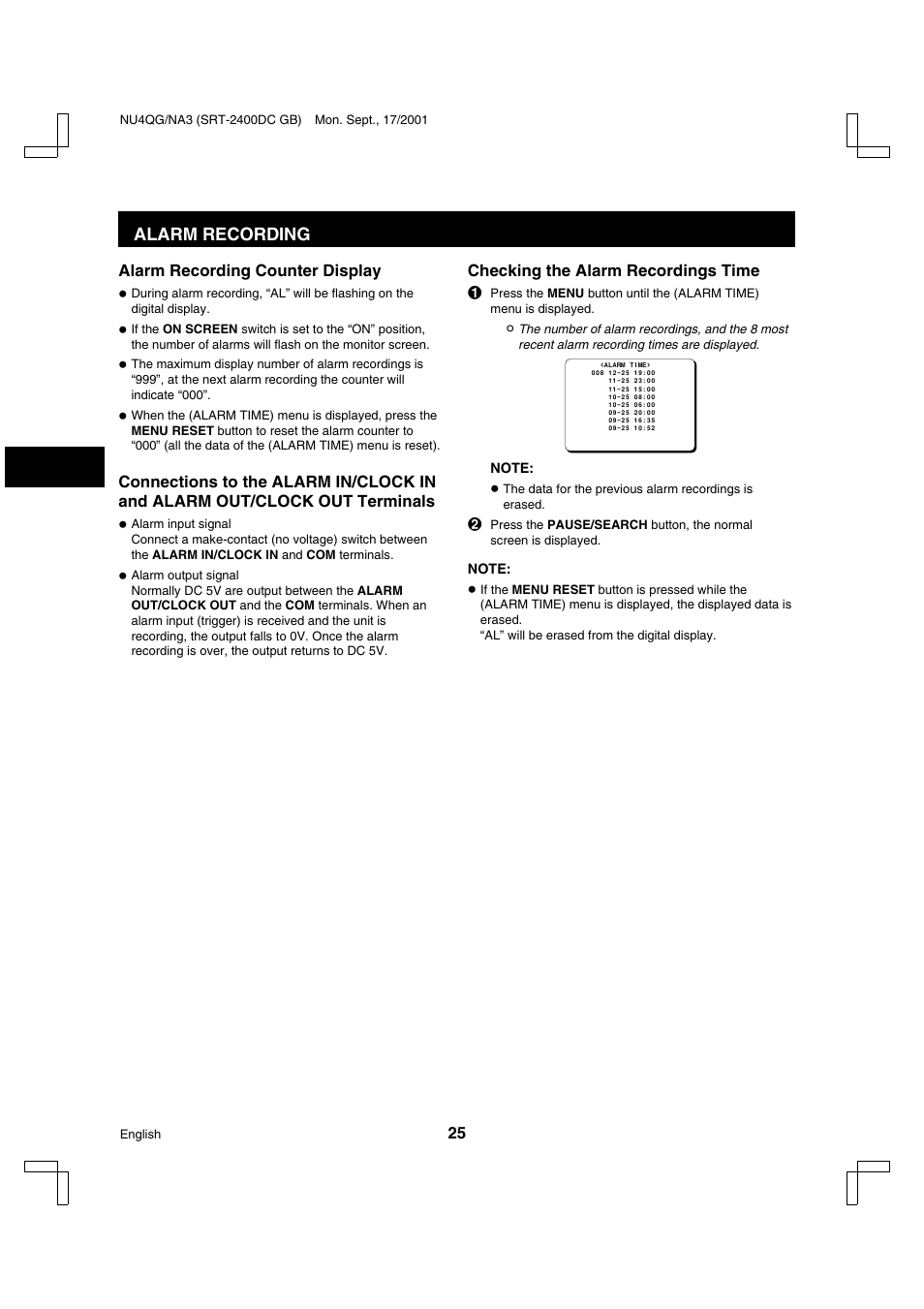 Alarm recording | Sanyo SRT-2400DC User Manual | Page 26 / 50