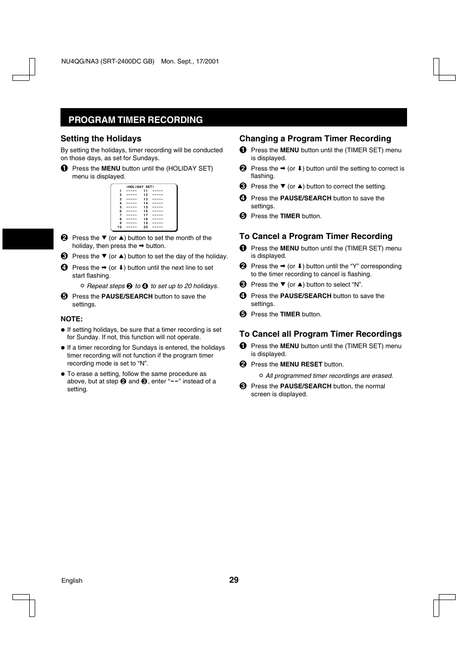 Program timer recording | Sanyo SRT-2400DC User Manual | Page 30 / 50