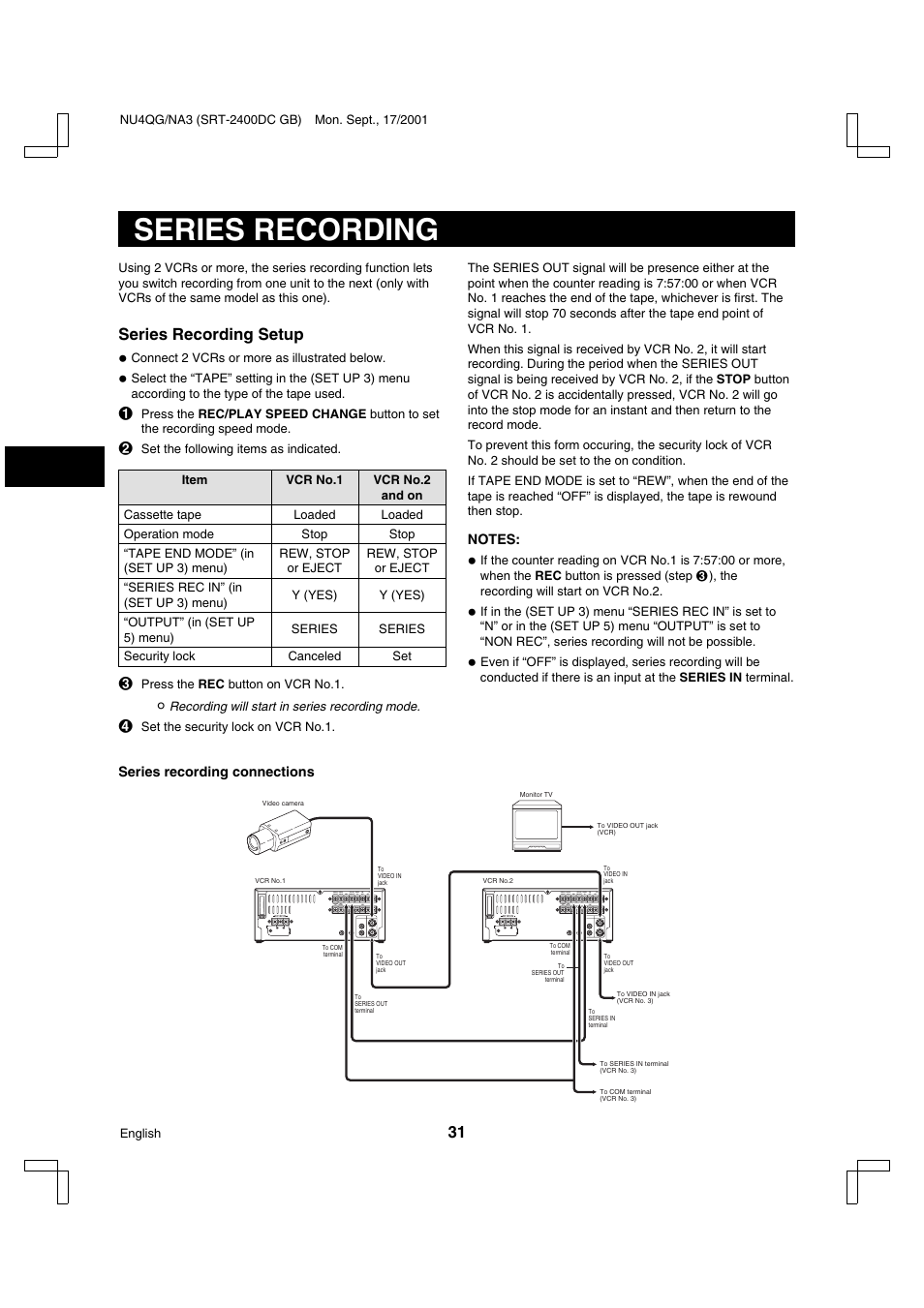 Series recording, Series recording setup | Sanyo SRT-2400DC User Manual | Page 32 / 50
