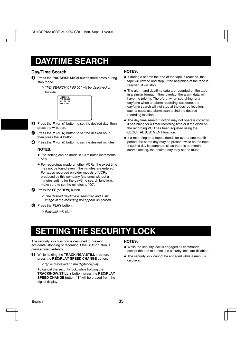 Day/time search, Setting the security lock | Sanyo SRT-2400DC User Manual | Page 36 / 50
