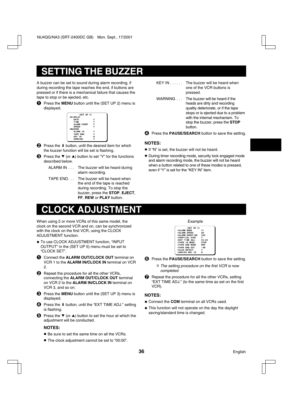 Setting the buzzer, Clock adjustment | Sanyo SRT-2400DC User Manual | Page 37 / 50