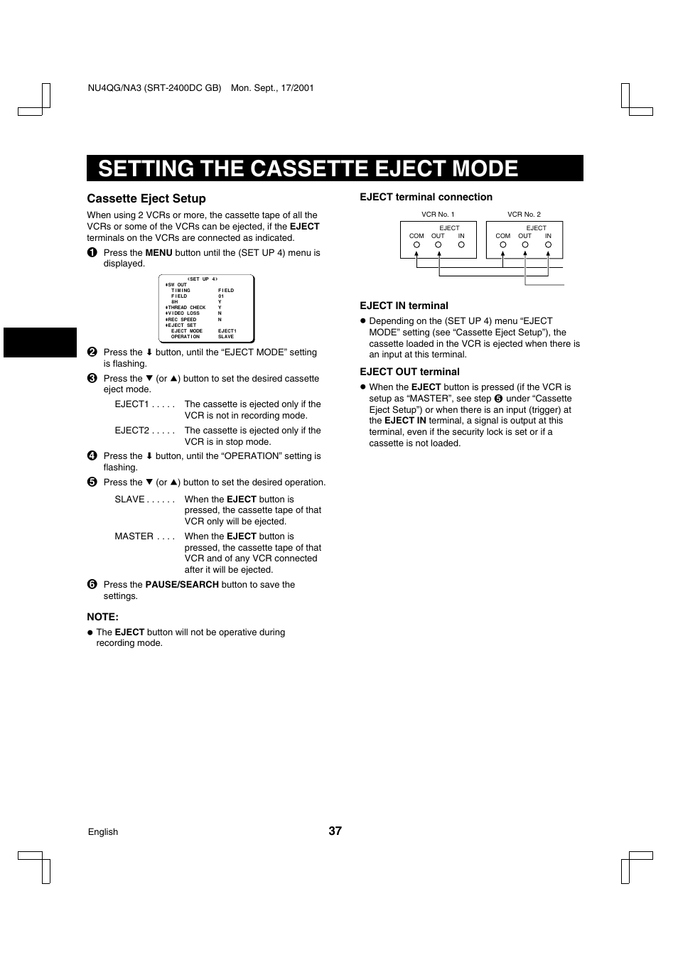 Setting the cassette eject mode, Cassette eject setup | Sanyo SRT-2400DC User Manual | Page 38 / 50