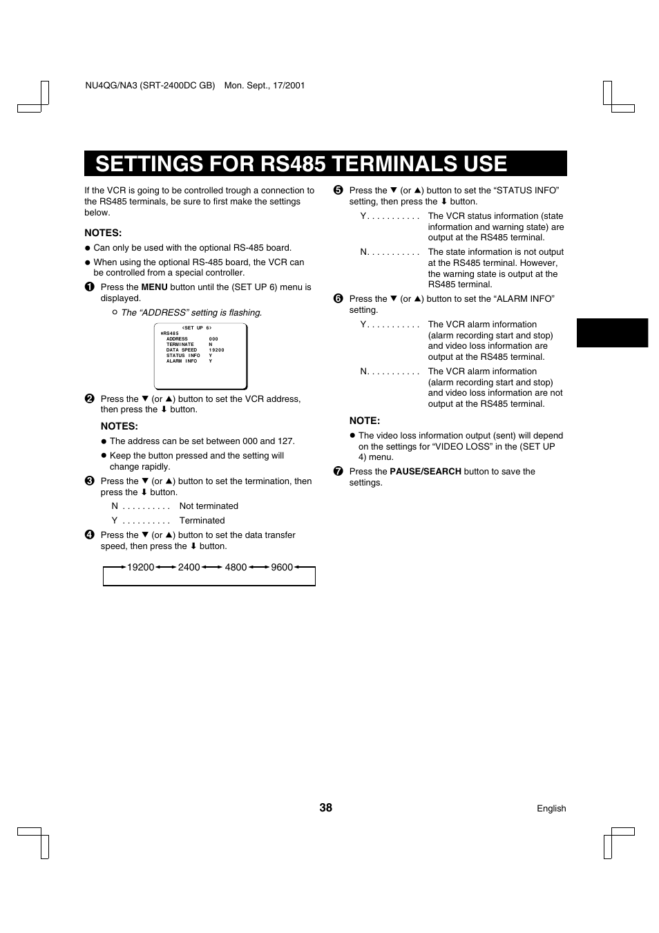 Settings for rs485 terminals use | Sanyo SRT-2400DC User Manual | Page 39 / 50