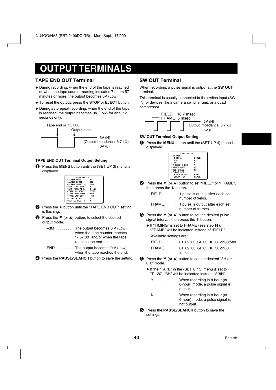 Output terminals, Tape end out terminal, Sw out terminal | Sanyo SRT-2400DC User Manual | Page 41 / 50