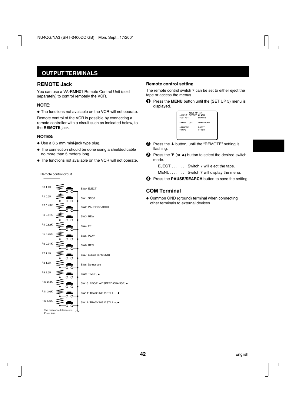Output terminals, Remote jack, Com terminal | Sanyo SRT-2400DC User Manual | Page 43 / 50