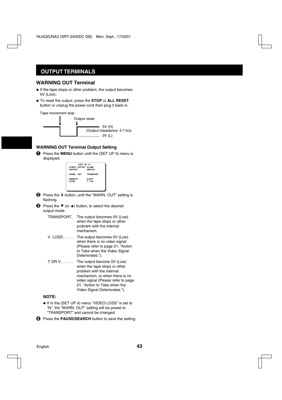 Output terminals | Sanyo SRT-2400DC User Manual | Page 44 / 50