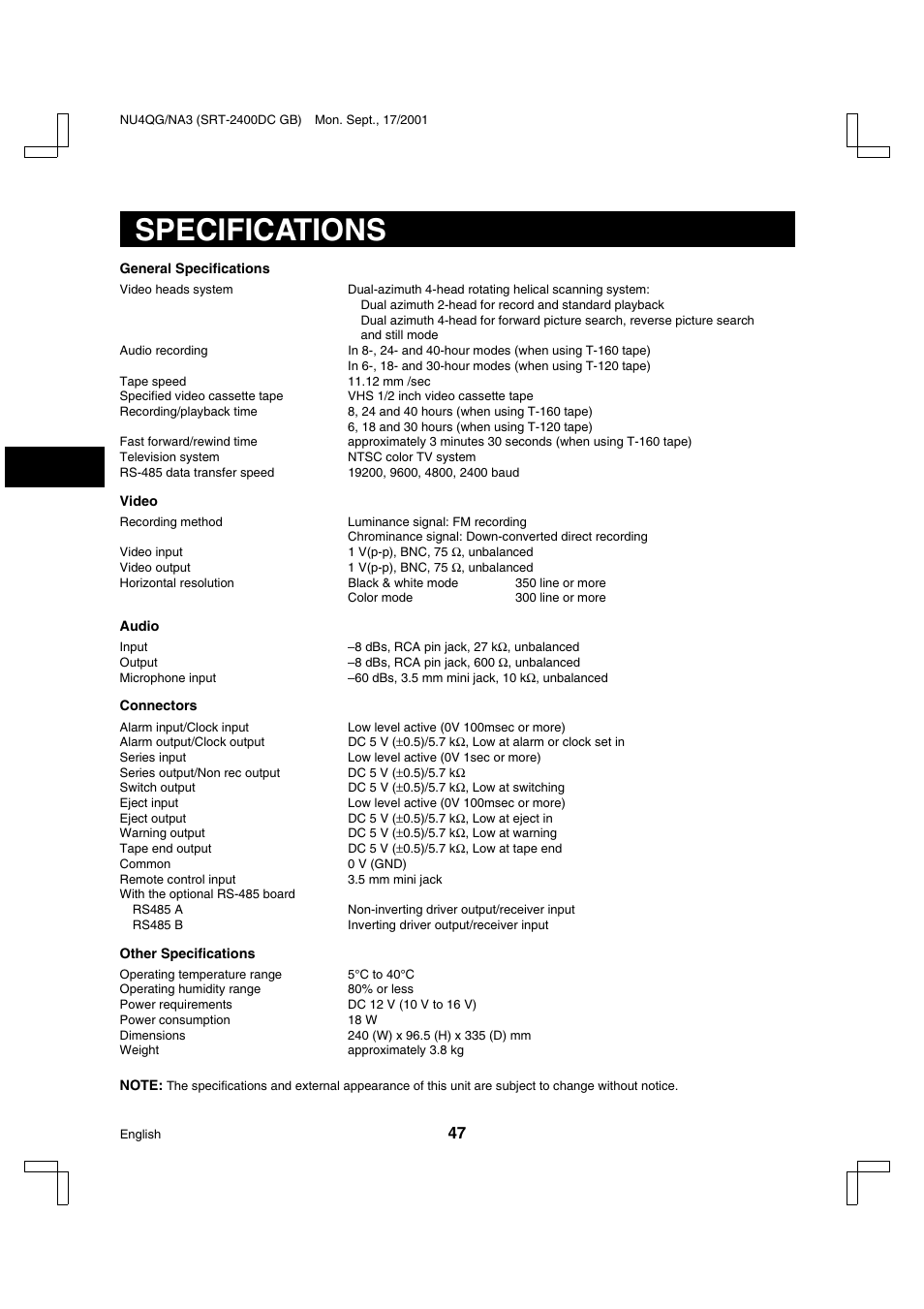 Specifications | Sanyo SRT-2400DC User Manual | Page 48 / 50