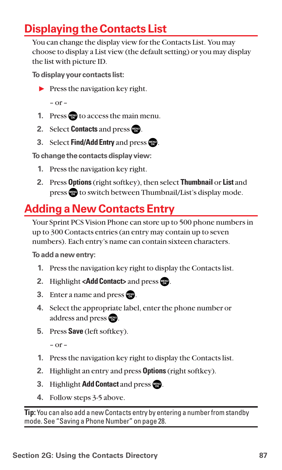 Displaying the contacts list, Adding a new contacts entry | Sanyo MM-5600 User Manual | Page 101 / 330