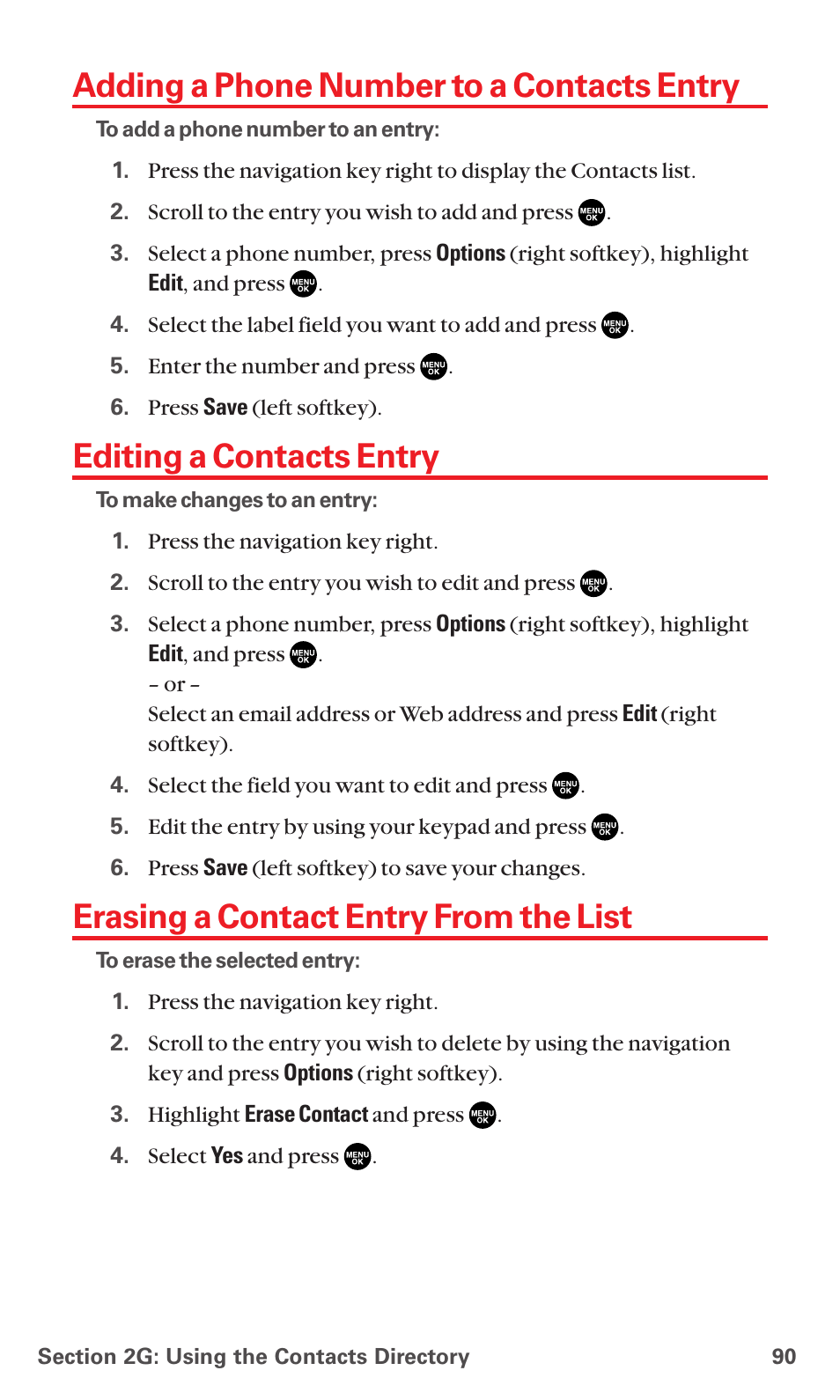 Adding a phone number to a contacts entry, Editing a contacts entry, Erasing a contact entry from the list | Sanyo MM-5600 User Manual | Page 104 / 330