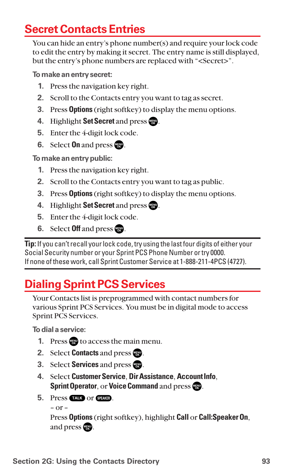 Secret contacts entries, Dialing sprint pcs services | Sanyo MM-5600 User Manual | Page 107 / 330