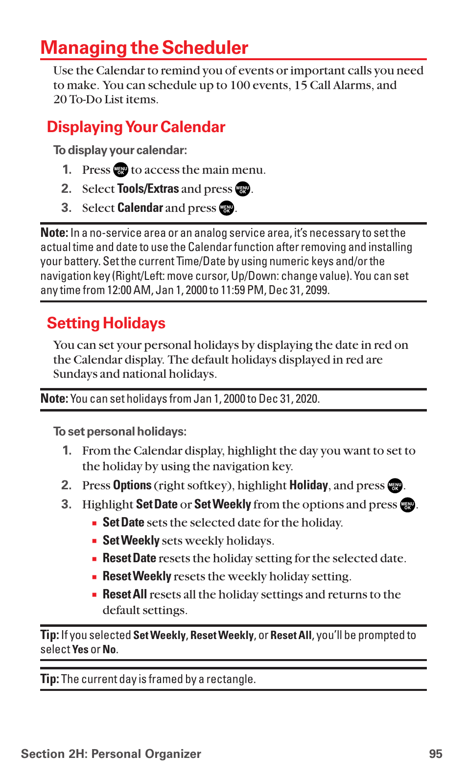 Managing the scheduler, Displaying your calendar, Setting holidays | Sanyo MM-5600 User Manual | Page 109 / 330
