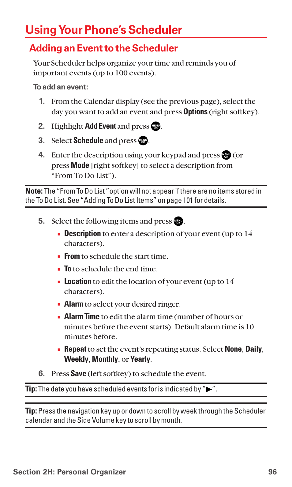 Using your phone’s scheduler, Adding an event to the scheduler | Sanyo MM-5600 User Manual | Page 110 / 330