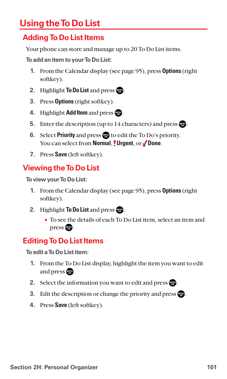 Using the to do list, Adding to do list items, Viewing the to do list | Editing to do list items | Sanyo MM-5600 User Manual | Page 115 / 330