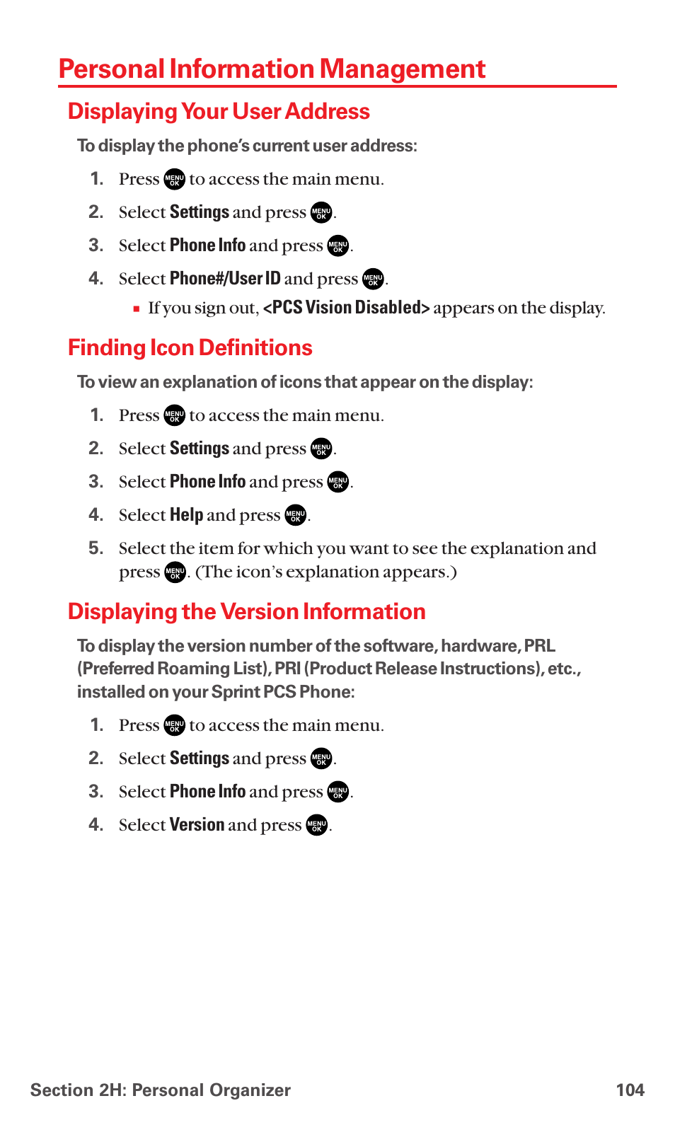 Personal information management, Displaying your user address, Finding icon definitions | Displaying the version information | Sanyo MM-5600 User Manual | Page 118 / 330