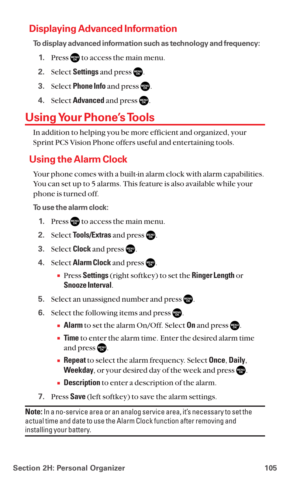 Displaying advanced information, Using your phone’s tools, Using the alarm clock | Sanyo MM-5600 User Manual | Page 119 / 330