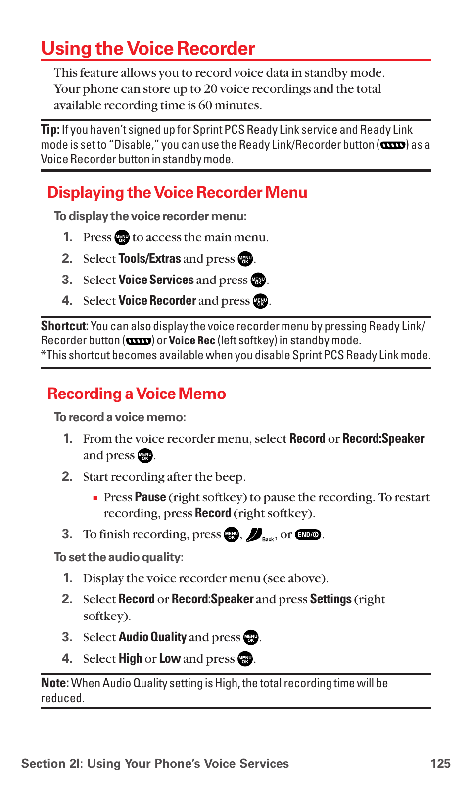 Using the voice recorder, Displaying the voice recorder menu, Recording a voice memo | Sanyo MM-5600 User Manual | Page 139 / 330