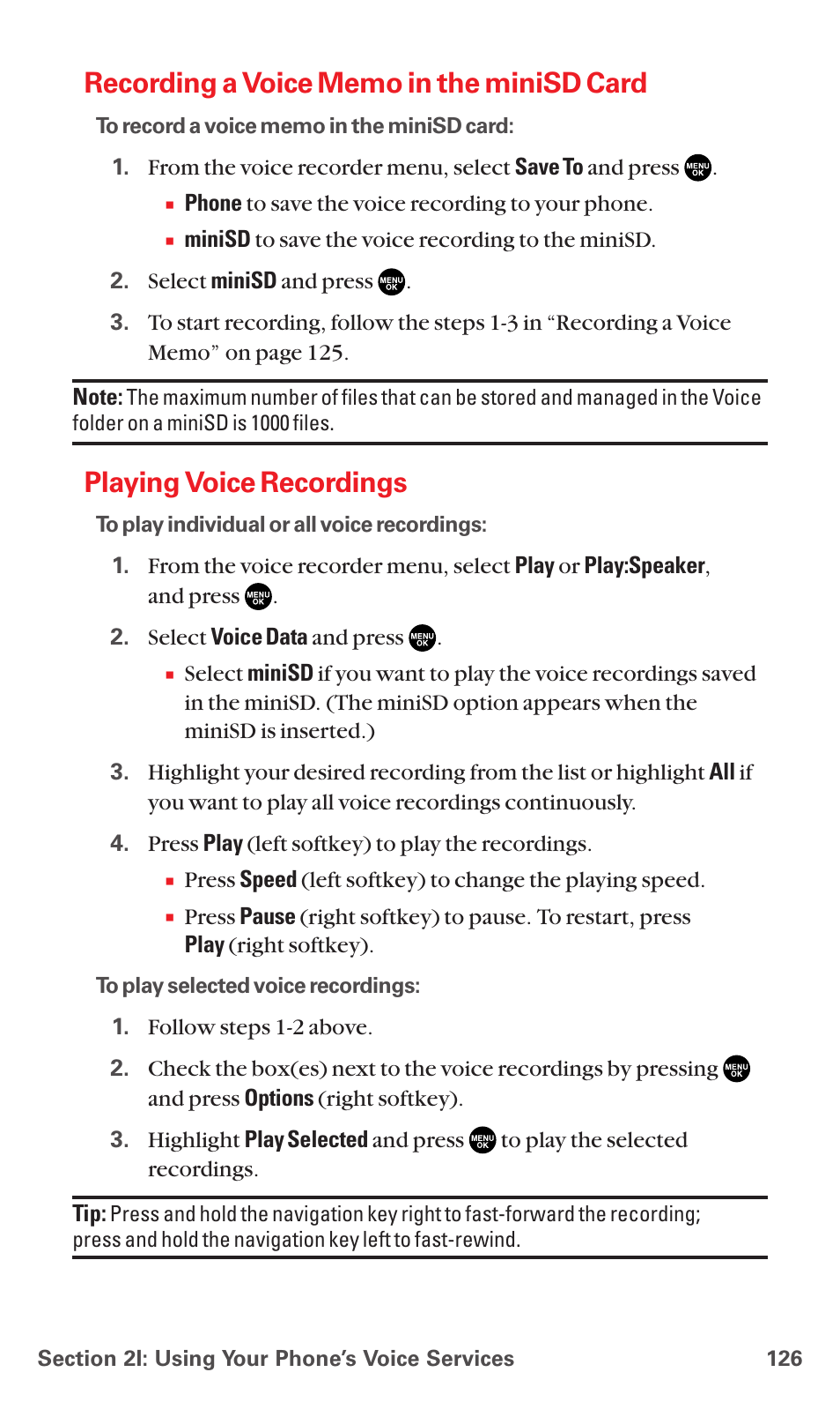 Recording a voice memo in the minisd card, Playing voice recordings | Sanyo MM-5600 User Manual | Page 140 / 330