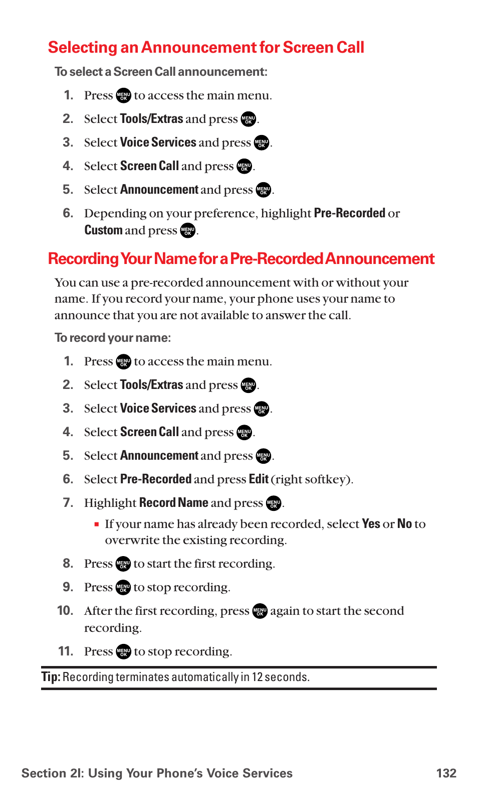 Selecting an announcement for screen call, Recordingyour name for a pre-recorded announcement | Sanyo MM-5600 User Manual | Page 146 / 330