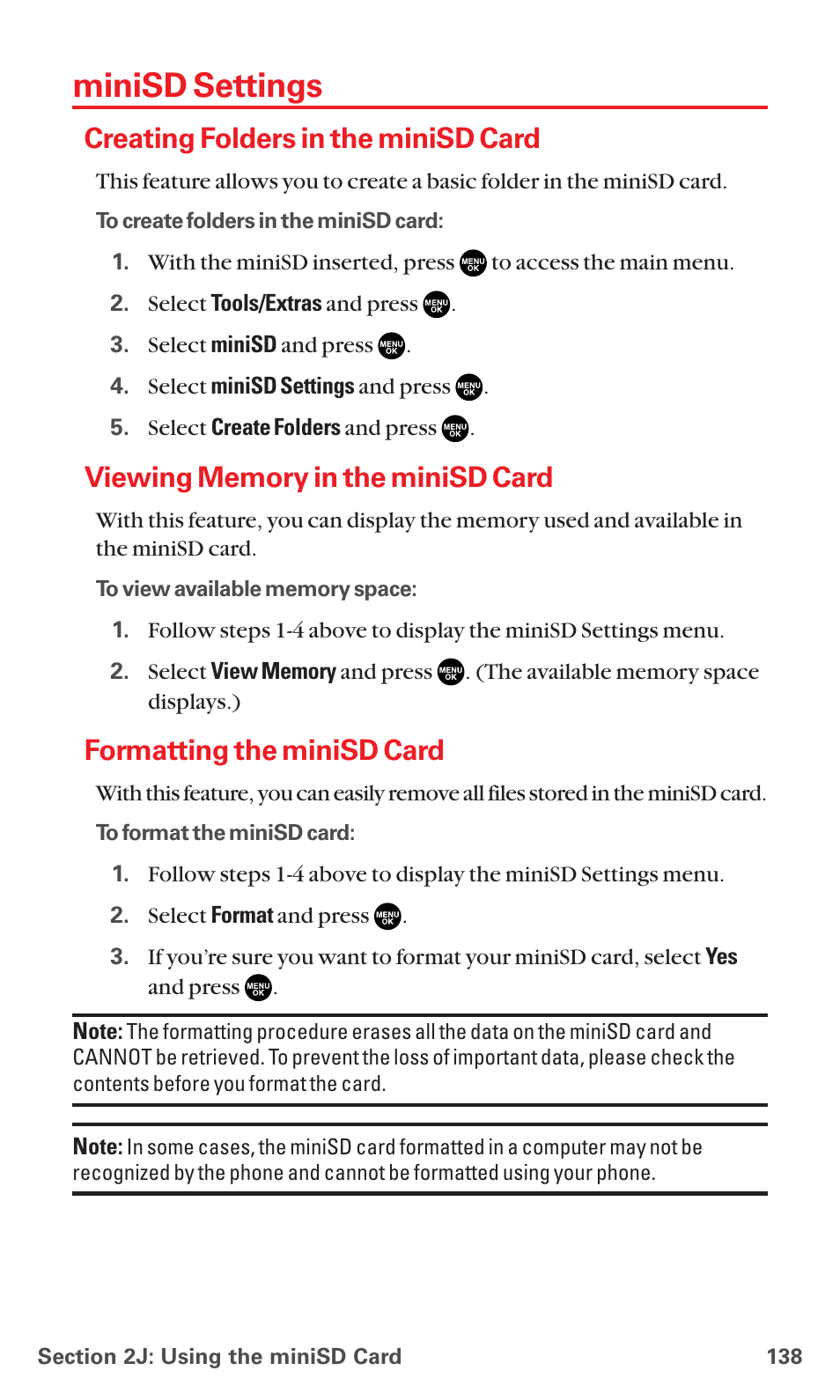 Minisd settings, Creating folders in the minisd card, Viewing memory in the minisd card | Formatting the minisd card | Sanyo MM-5600 User Manual | Page 152 / 330