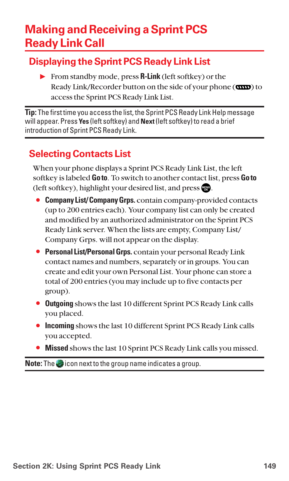 Making and receiving a sprint pcs ready link call, Displaying the sprint pcs ready link list, Selecting contacts list | Sanyo MM-5600 User Manual | Page 163 / 330