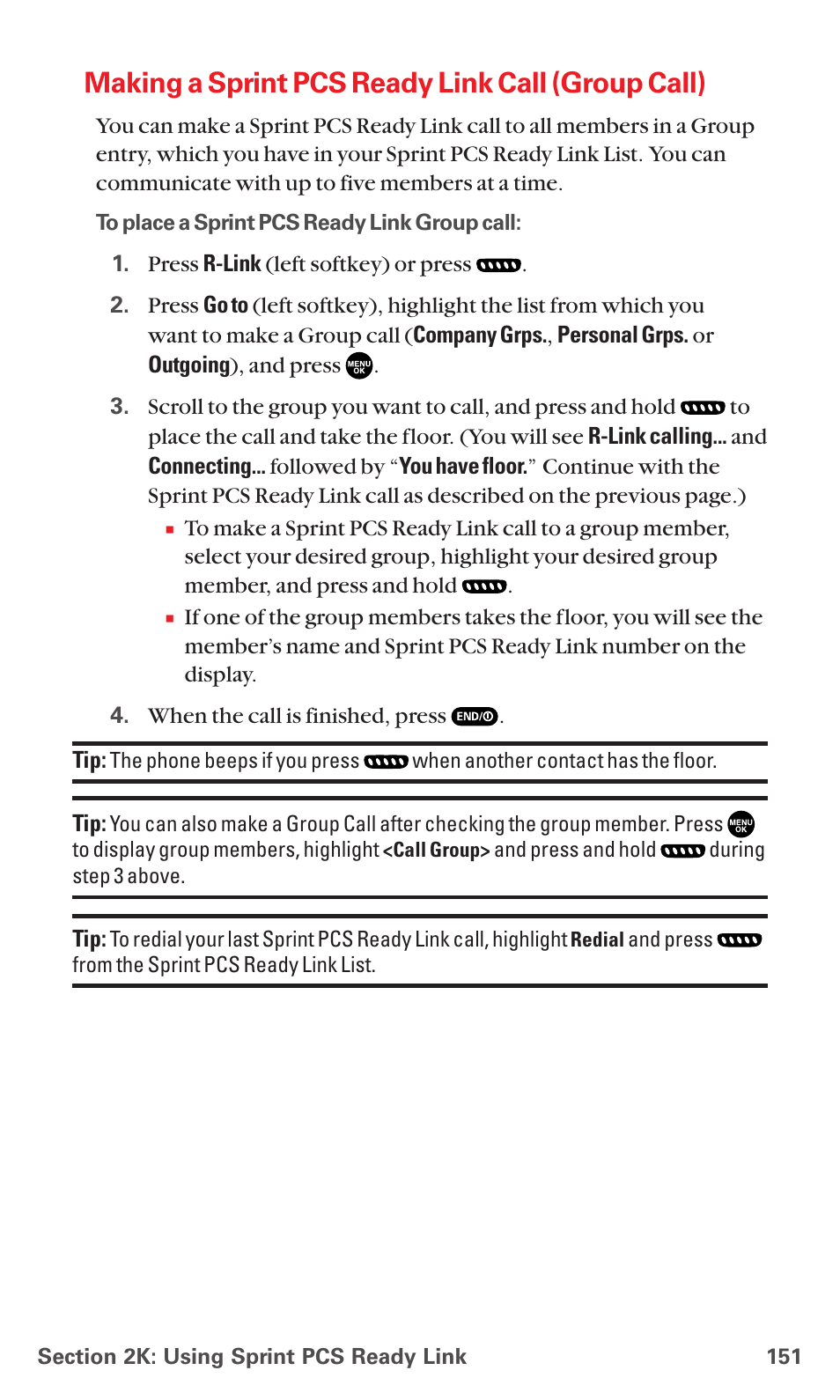 Making a sprint pcs ready link call (group call) | Sanyo MM-5600 User Manual | Page 165 / 330
