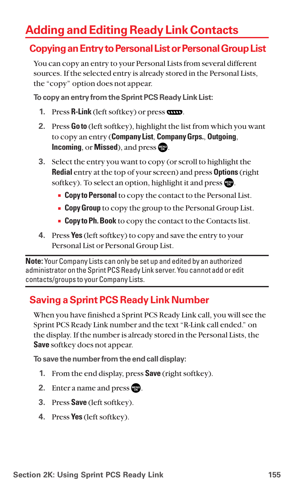 Adding and editing ready link contacts, Saving a sprint pcs ready link number | Sanyo MM-5600 User Manual | Page 169 / 330