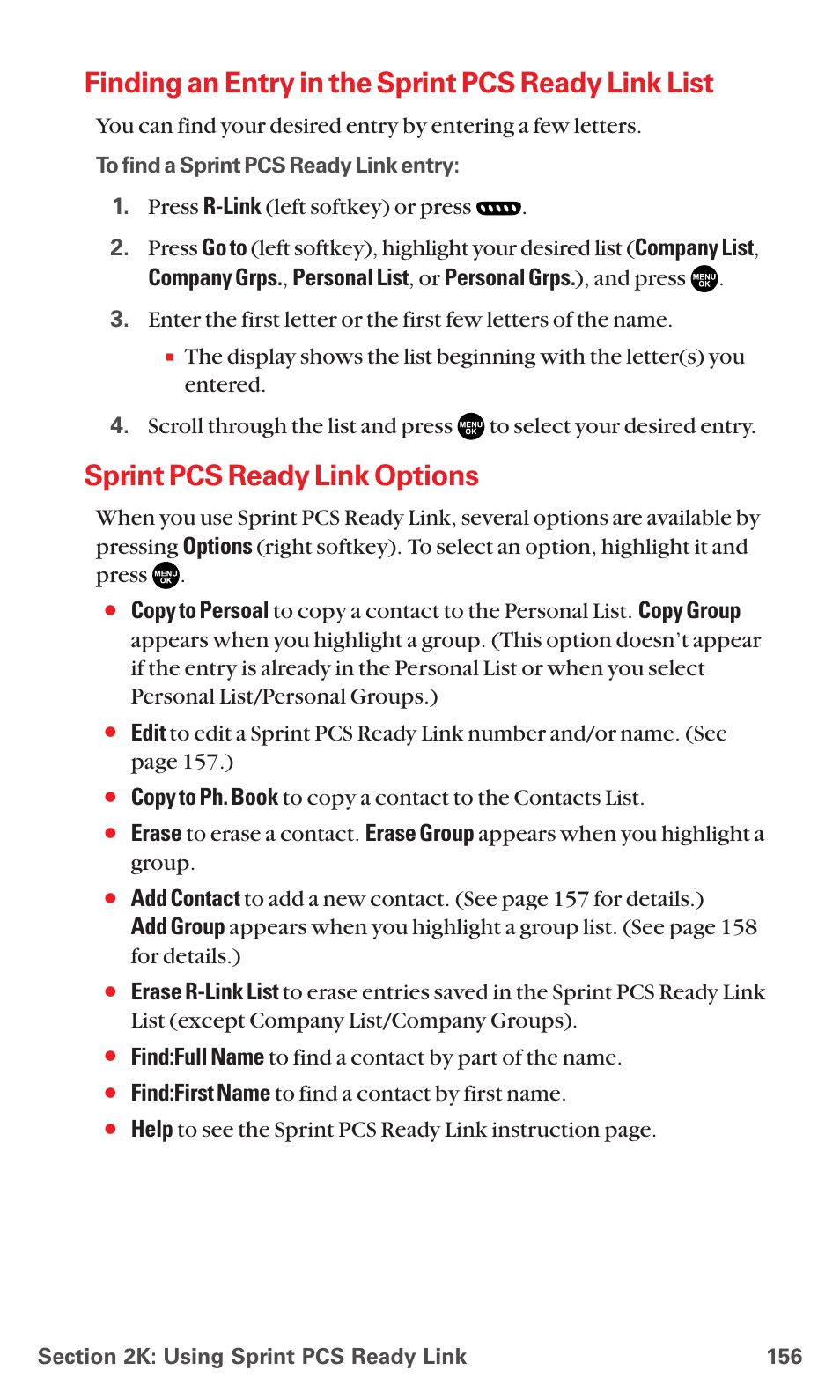 Finding an entry in the sprint pcs ready link list, Sprint pcs ready link options | Sanyo MM-5600 User Manual | Page 170 / 330