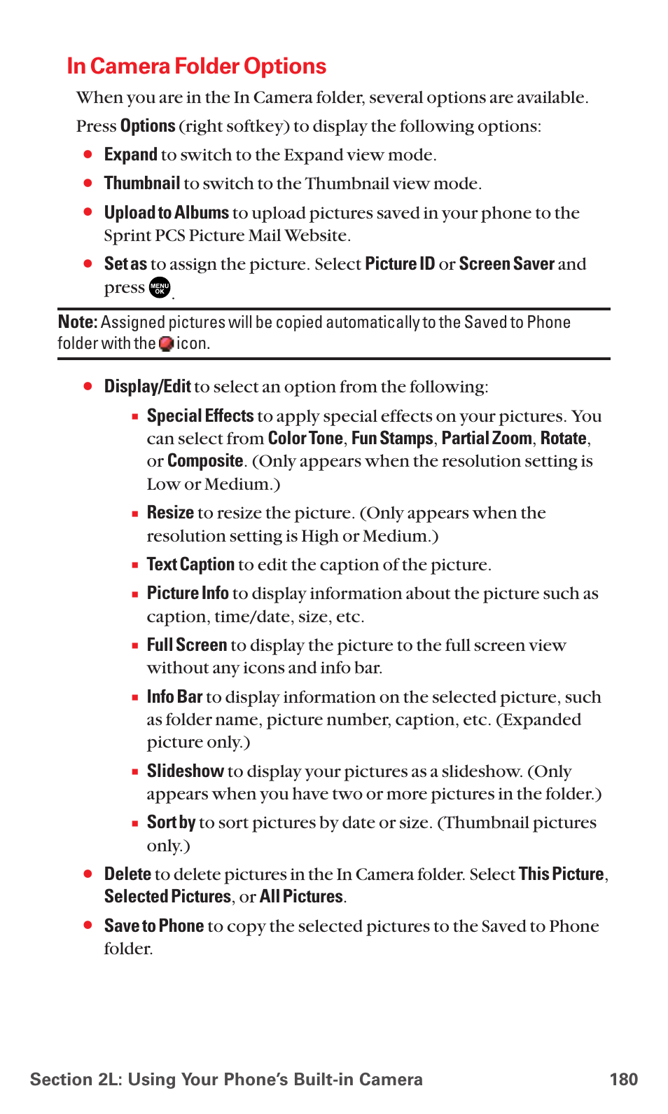 In camera folder options, Expand to switch to the expand view mode, Thumbnail to switch to the thumbnail view mode | Text caption to edit the caption of the picture | Sanyo MM-5600 User Manual | Page 194 / 330