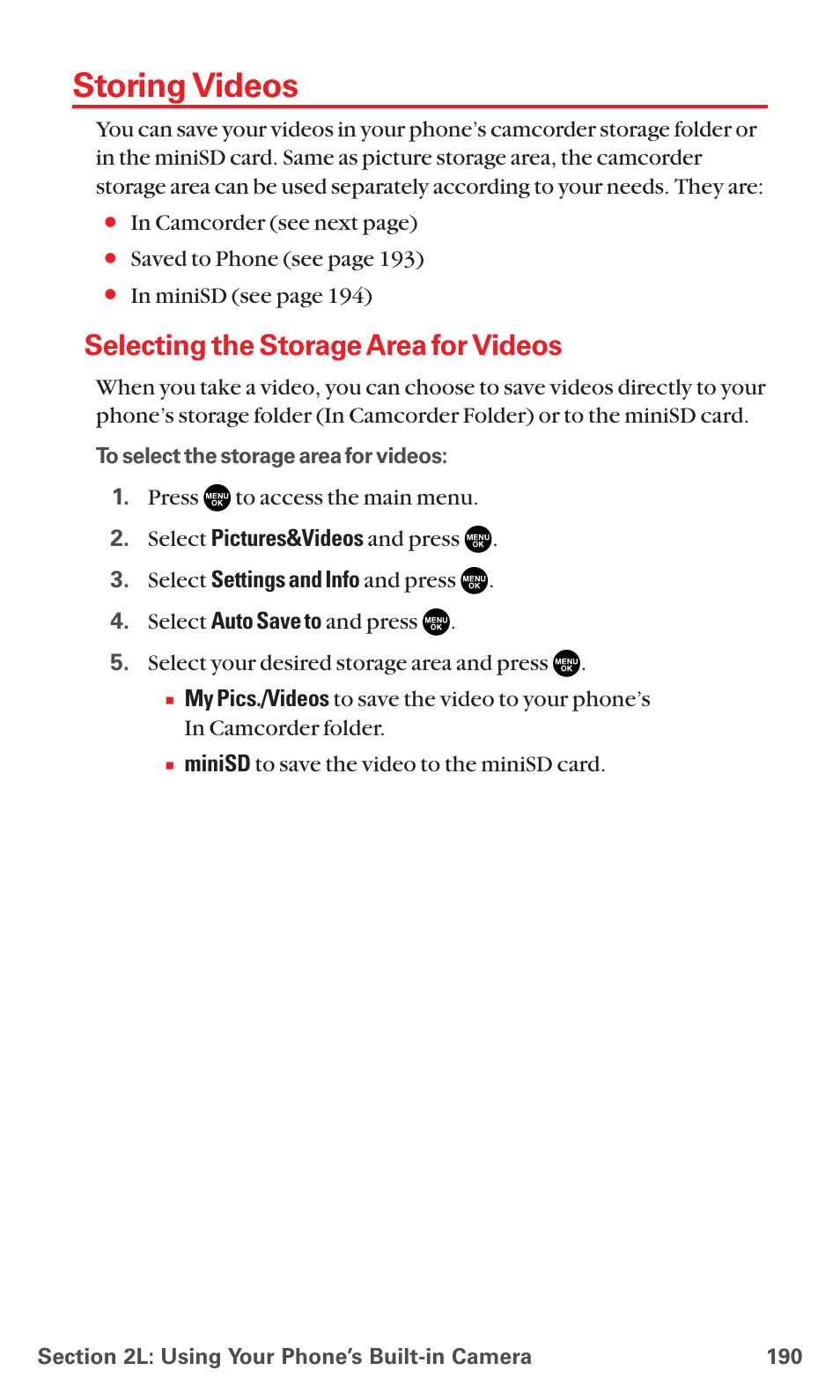 Storing videos, Selecting the storage area for videos | Sanyo MM-5600 User Manual | Page 204 / 330