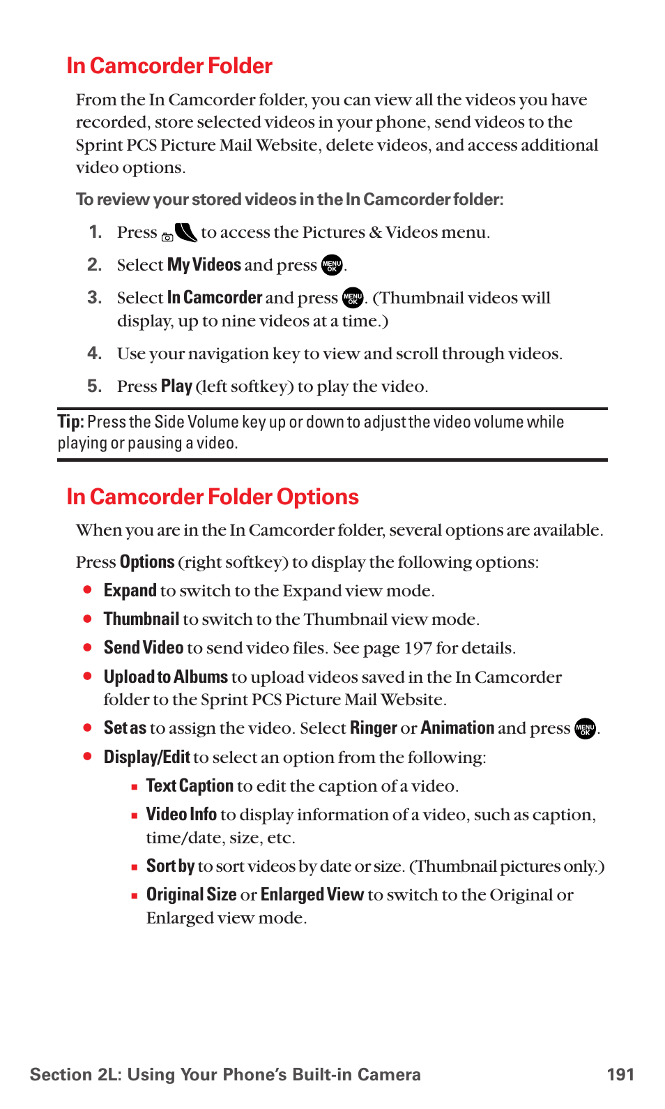 In camcorder folder, In camcorder folder options | Sanyo MM-5600 User Manual | Page 205 / 330