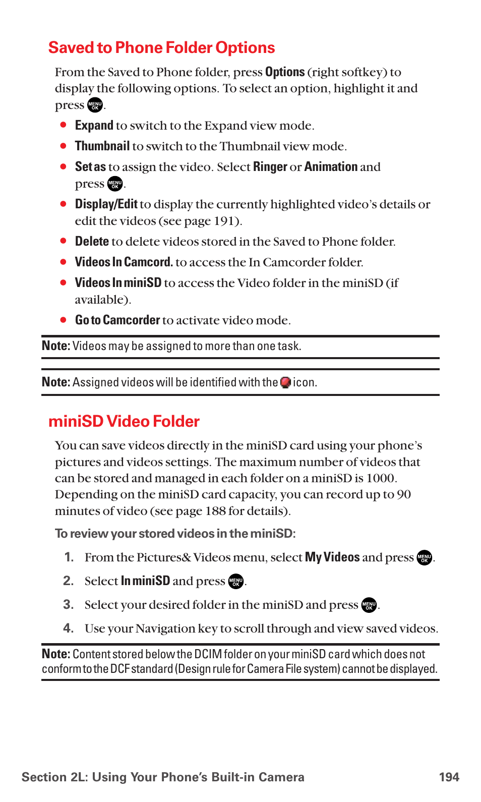 Saved to phone folder options, Minisd video folder | Sanyo MM-5600 User Manual | Page 208 / 330